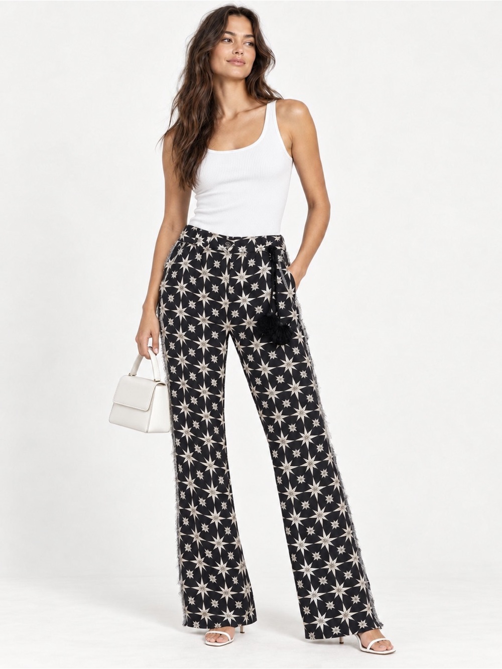 FIGUE Star Print Viscose Flare Pants Size 6 Tassel Fringe Boho
